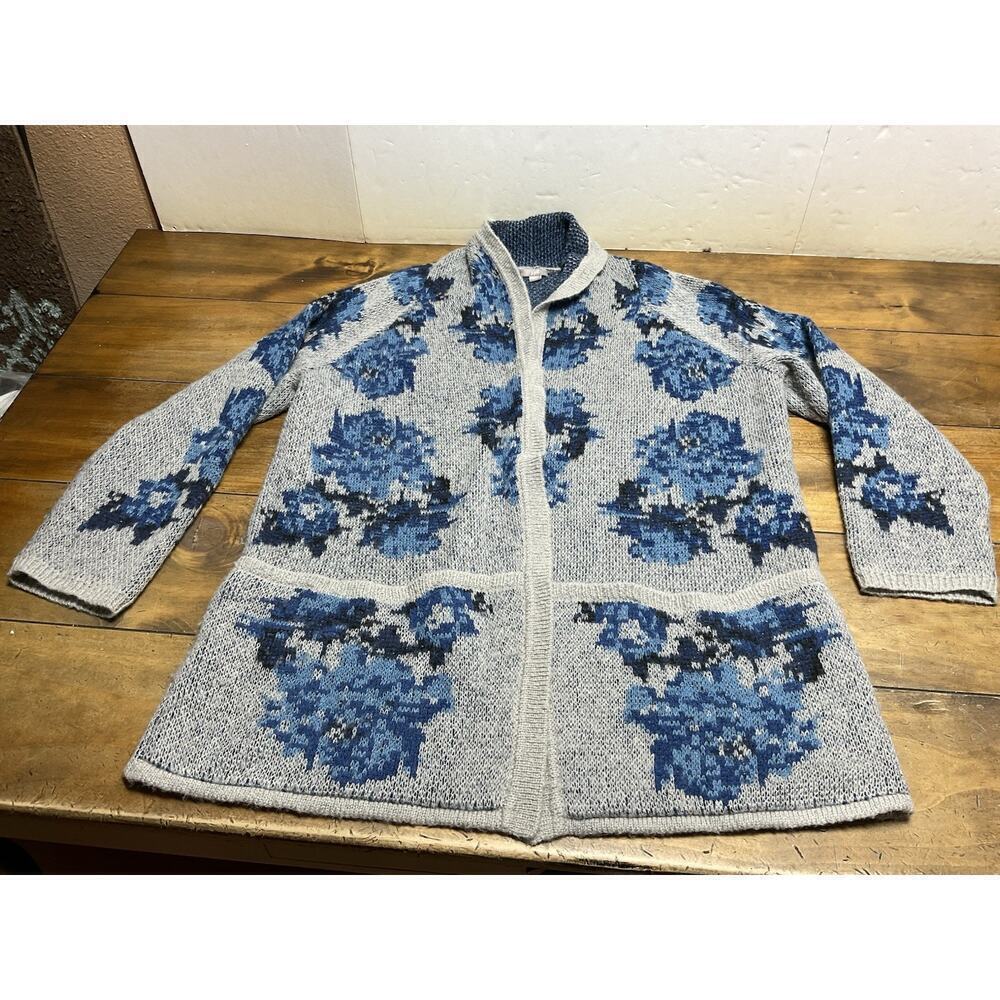 J Jill Woman's Gray Blue Floral Cardigan Sweater Front Pockets Size Large Wool